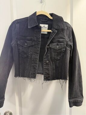 Hollister Cropped Black Denim Jacket with Raw Hem
